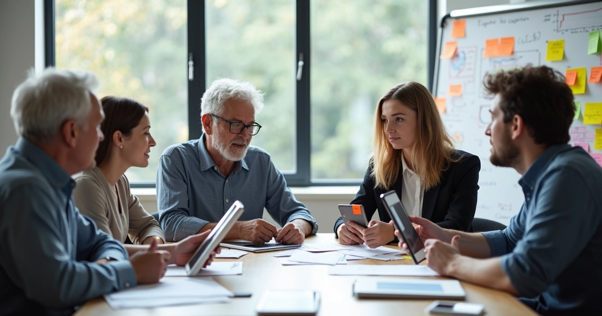 Reunión de equipo con personas de diferentes edades colaborando