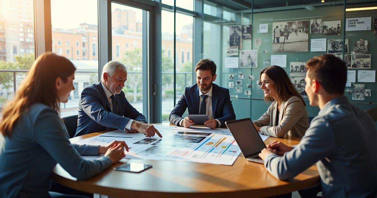 Equipo de trabajo diverso conectando pasado y futuro en una organización moderna 