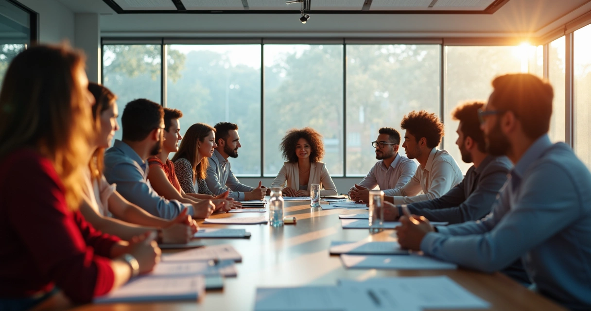 Personas diversas de una empresa en diálogo durante una junta 