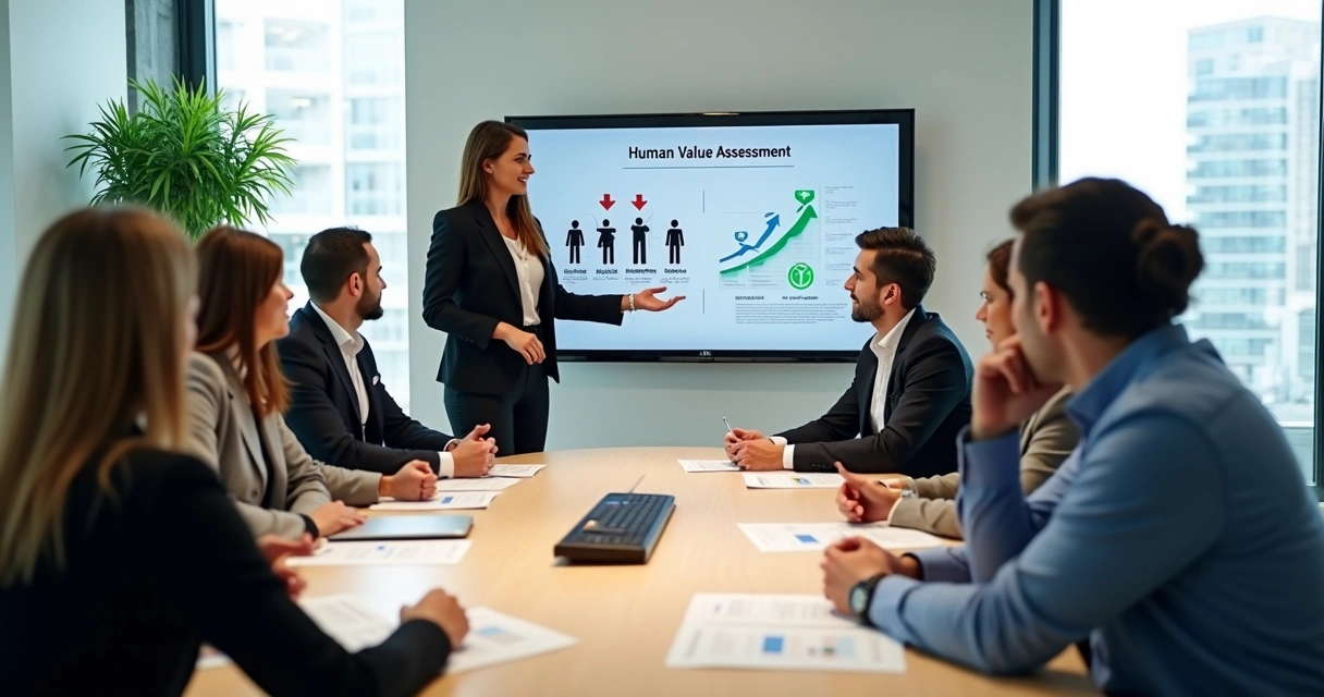 Equipo directivo diverso evaluando la valoración humana en una reunión de empresa 