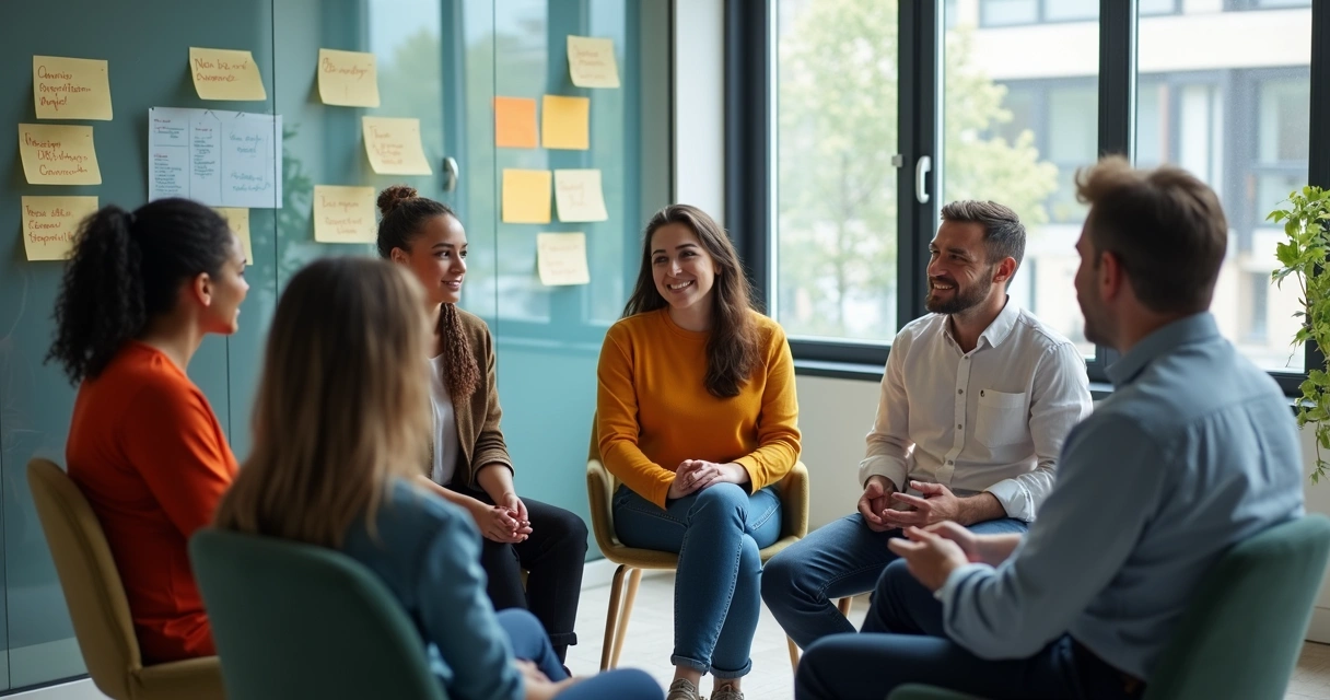 Equipo multicultural sentado en círculo en una sala iluminada aportando ideas 