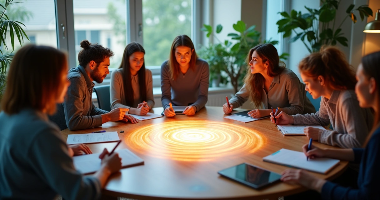 Equipo diverso sentado alrededor de una mesa luminosa con símbolo de energía en el centro 