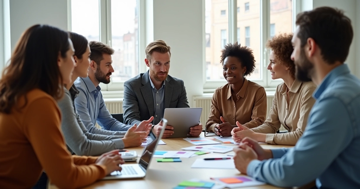 Equipo diverso sentado en círculo compartiendo feedback en una oficina moderna 