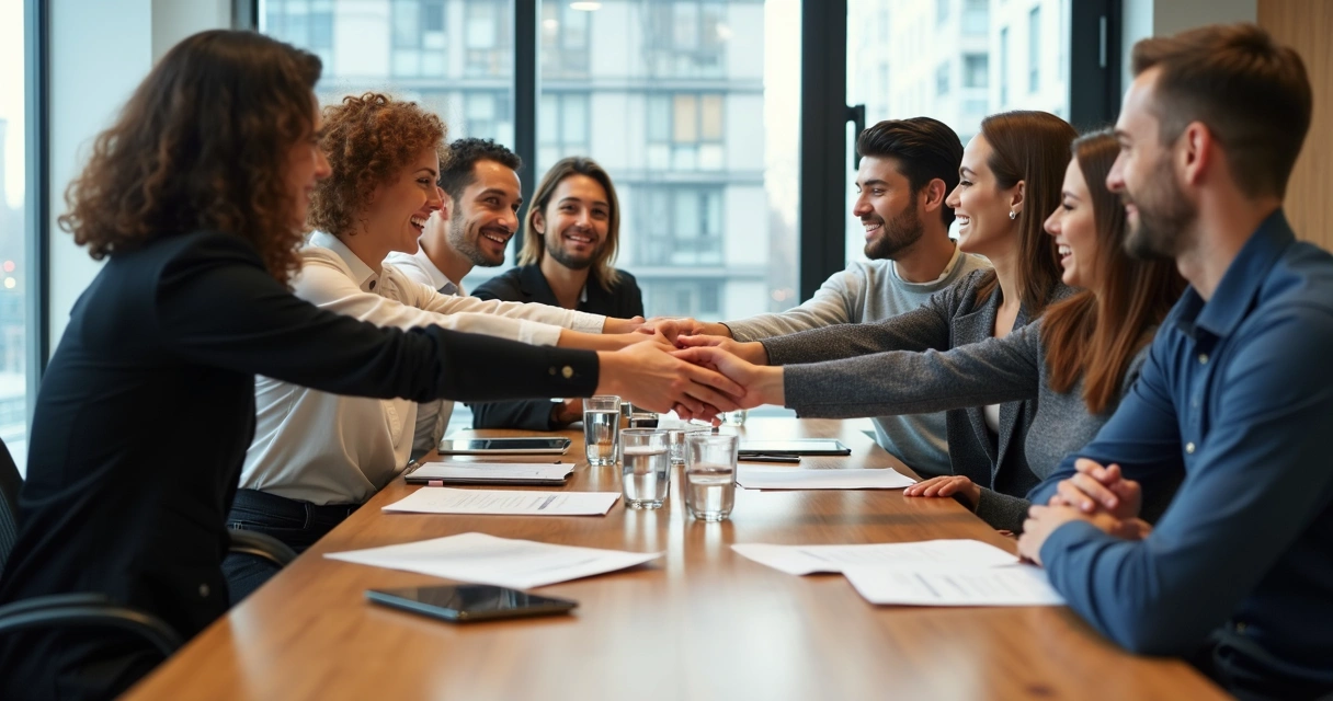 Equipo diverso con las manos juntas en reunión 