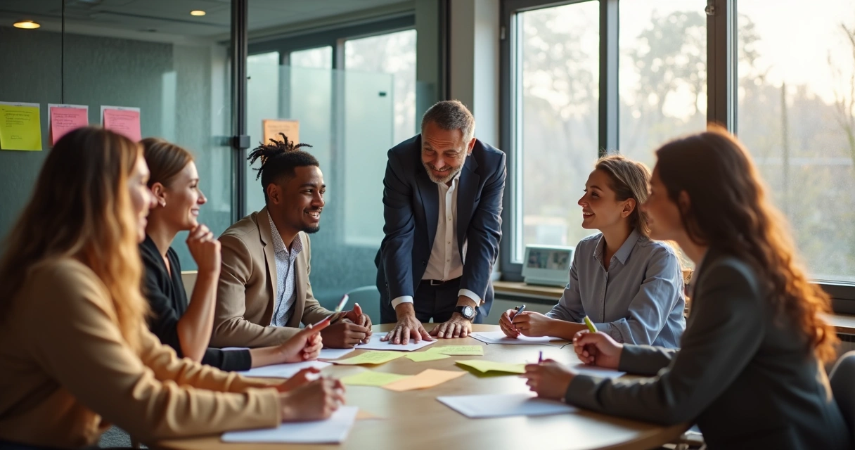 Equipo diverso en dinámica de liderazgo colaborativo 
