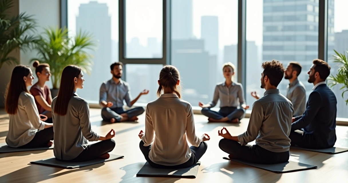 Grupo diverso de personas sentadas en círculo meditando en una oficina moderna