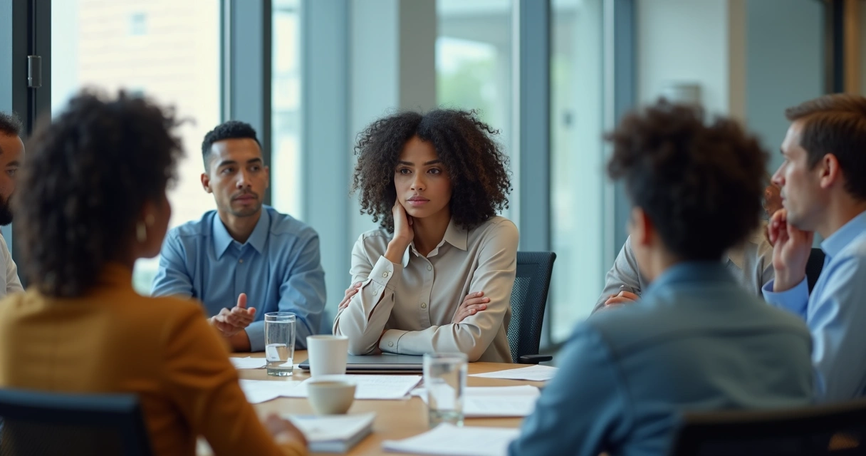 Equipo de trabajo diverso en oficina mostrando tensiones sutiles en una conversación 