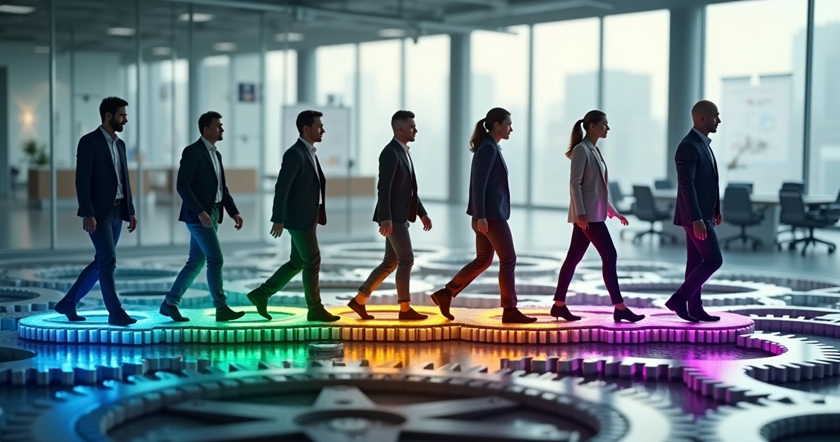 Equipo diverso caminando sobre engranajes luminosos que simbolizan motivación interna 