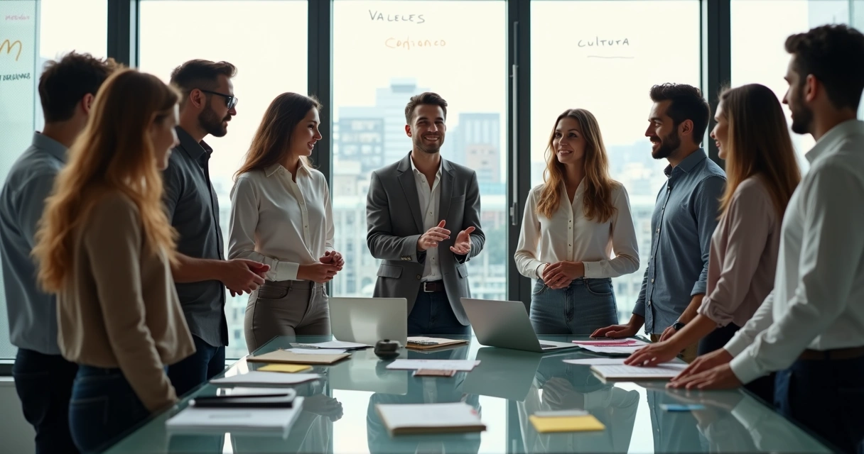 Equipo de trabajo diverso en oficina moderna colaborando en círculo 