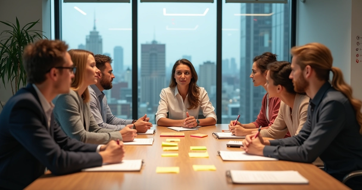 Equipo de trabajo diverso alineando valores humanos en una organización saludable 