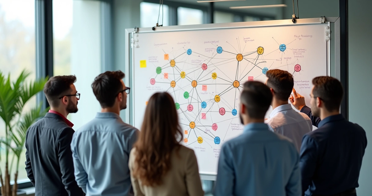 Equipo diverso en oficina observando patrones relacionales en un tablero 