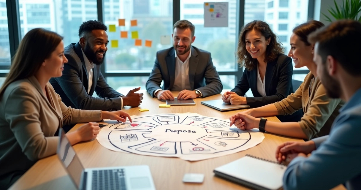 Equipo diverso de trabajo unido alrededor de un propósito común 