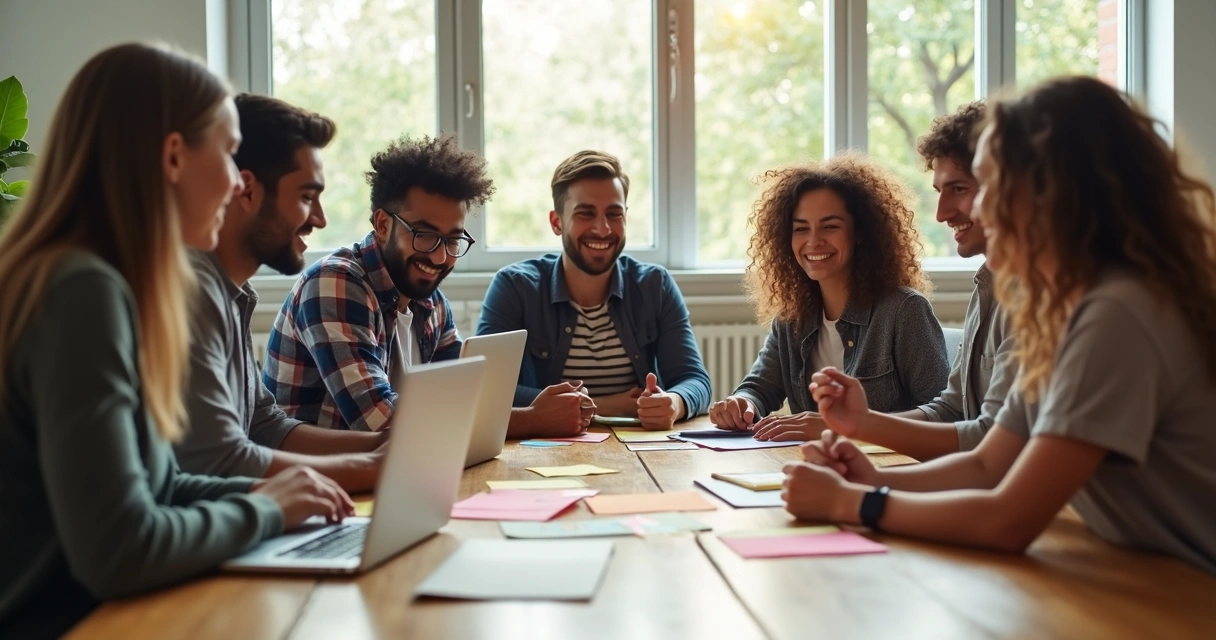 Equipo de trabajo diverso en una reunión compartiendo ideas