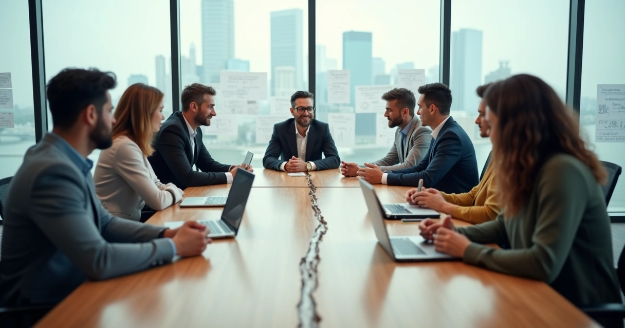 Equipo diverso en mesa de reunión dividido por tensión invisible 