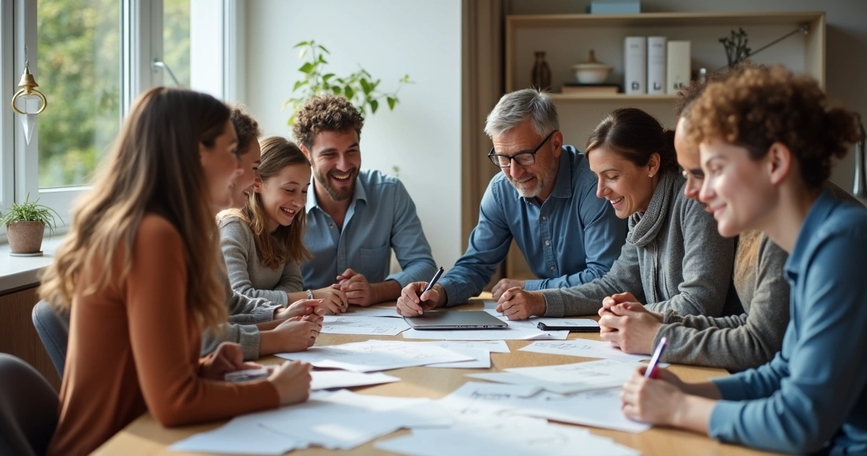 Grupo de personas de diferentes edades colaborando en una mesa 