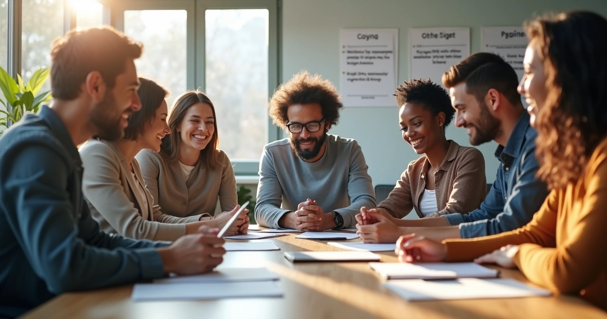 Equipo diverso trabajando colaborativamente en una mesa de reuniones 