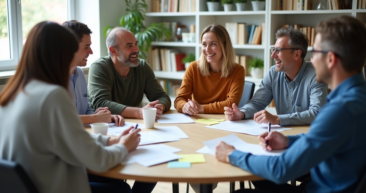Equipo de trabajo diverso colaborando en una mesa redonda 