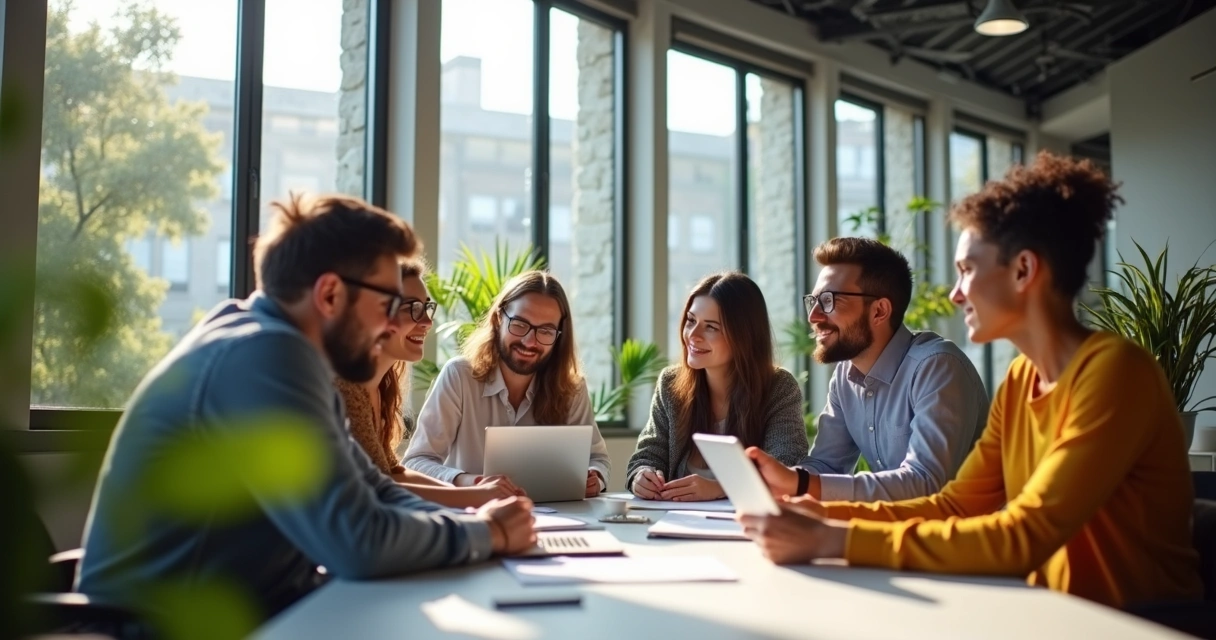 Equipo diverso trabajando juntos en una oficina con ambiente relajado