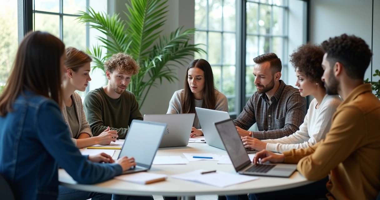 Personas diversas trabajando juntas en una mesa redonda con papeles y portátiles