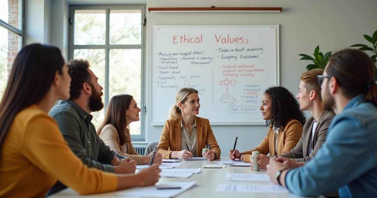 Equipo de trabajo diverso en junta, pizarras con valores éticos escritos 