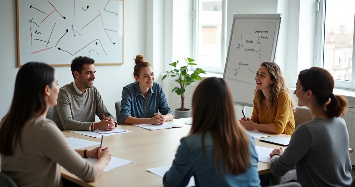 Profesores sentados en círculo en una sala de reuniones con expresión reflexiva.