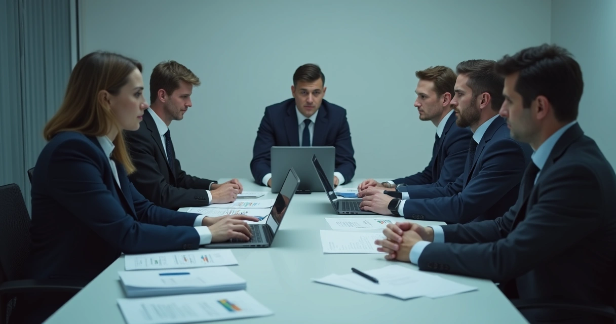 Grupo de trabajo en una reunión con actitud seria y distante