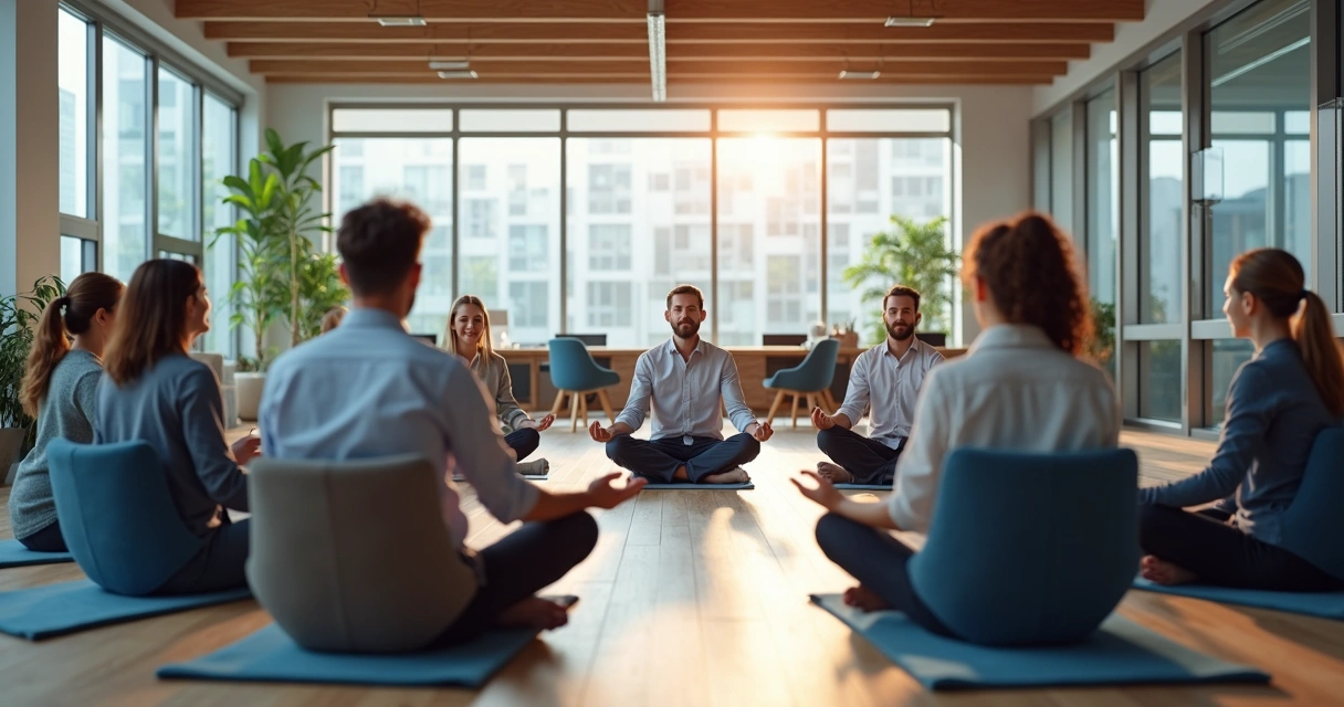 Grupo de ejecutivos practicando meditación juntos en oficina moderna 