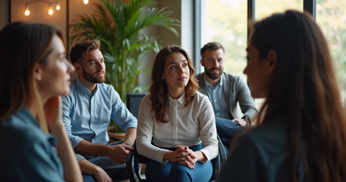 Grupo de personas en círculo, cada uno mostrando diferentes emociones, ambiente de equipo