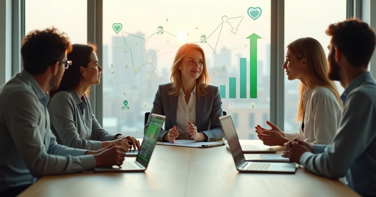 Reunión de equipo en oficina moderna mostrando empatía y colaboración consciente 