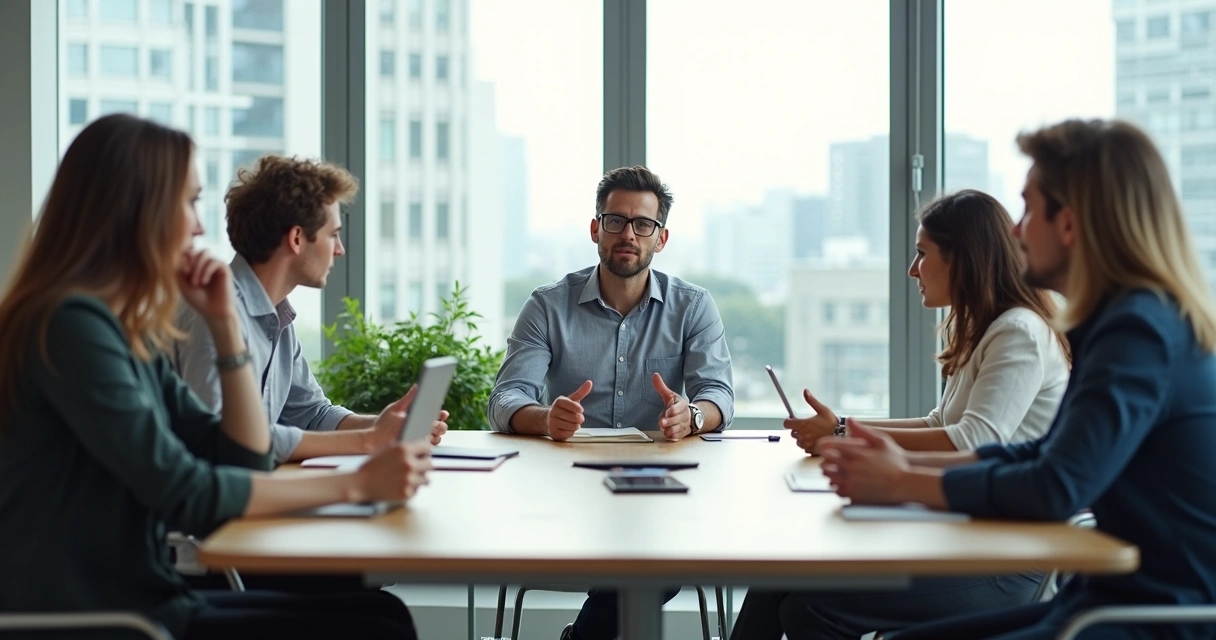 Equipo en reunión mostrando contraste entre empatía pasiva y presencia activa 