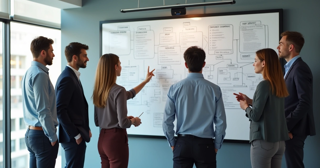 Grupo de personas en una empresa mirando una pizarra con diagramas 