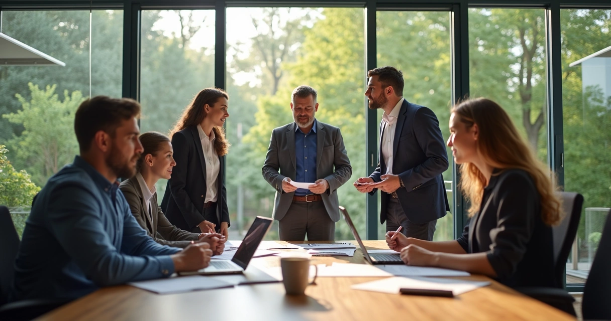 Equipo de trabajo colaborando en una oficina moderna 