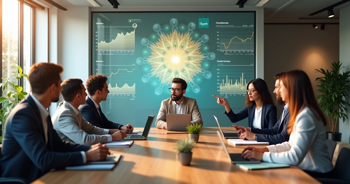 Equipo directivo en sala moderna con gráficos de impacto y símbolo de conciencia luminosa 