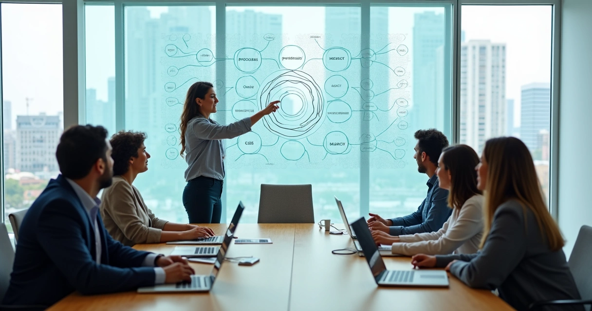 Equipo directivo observando un esquema de conexiones sistémicas en una sala de reuniones moderna 