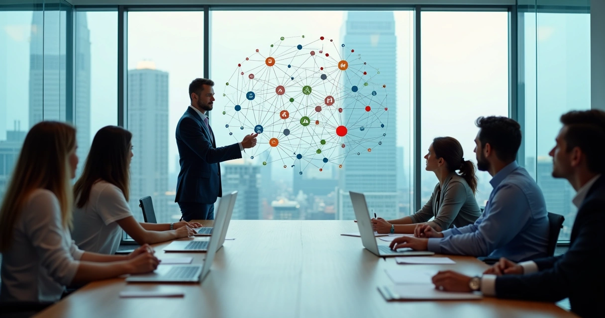 Equipo directivo analizando un diagrama de conexiones organizacionales en una sala de reuniones moderna 