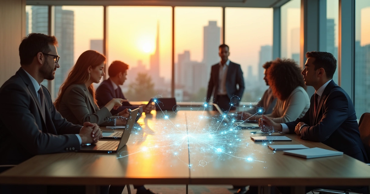 Equipo directivo observando un diagrama sistémico luminoso en una sala de reuniones moderna 
