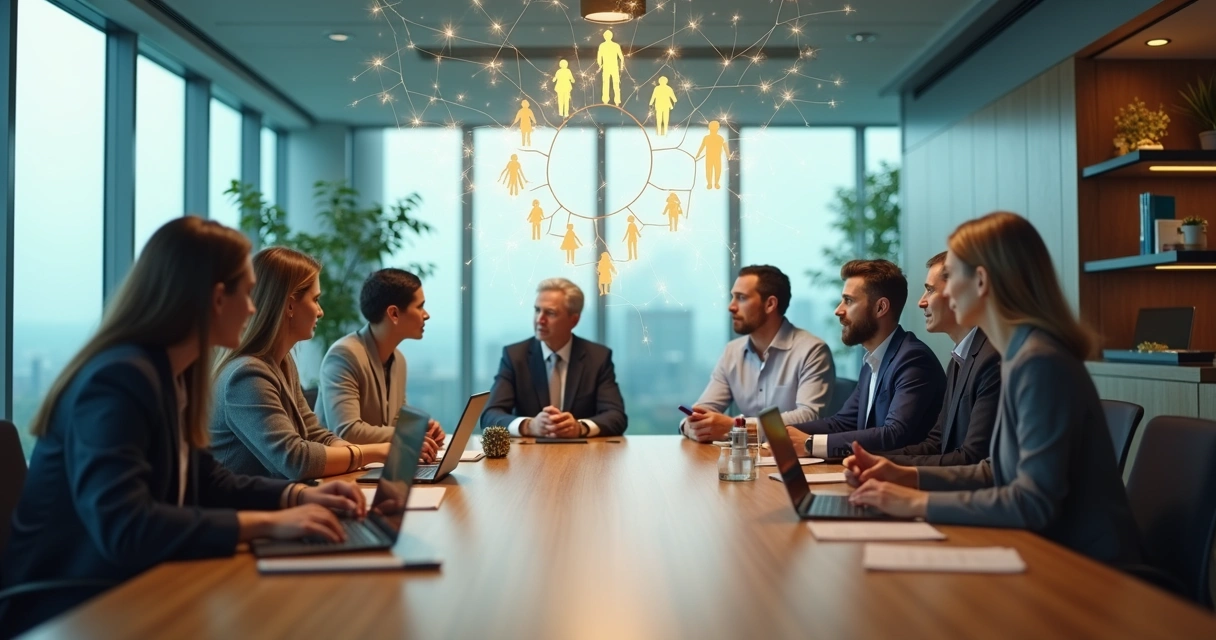 Equipo directivo en oficina conectado por siluetas familiares superpuestas 