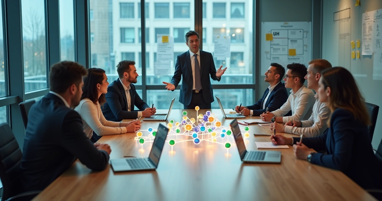 Equipo directivo observando esquema de constelaciones organizacionales en sala de reuniones moderna 