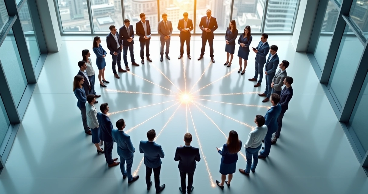 Equipo de trabajo en círculo visto desde arriba con conexiones luminosas entre ellos 