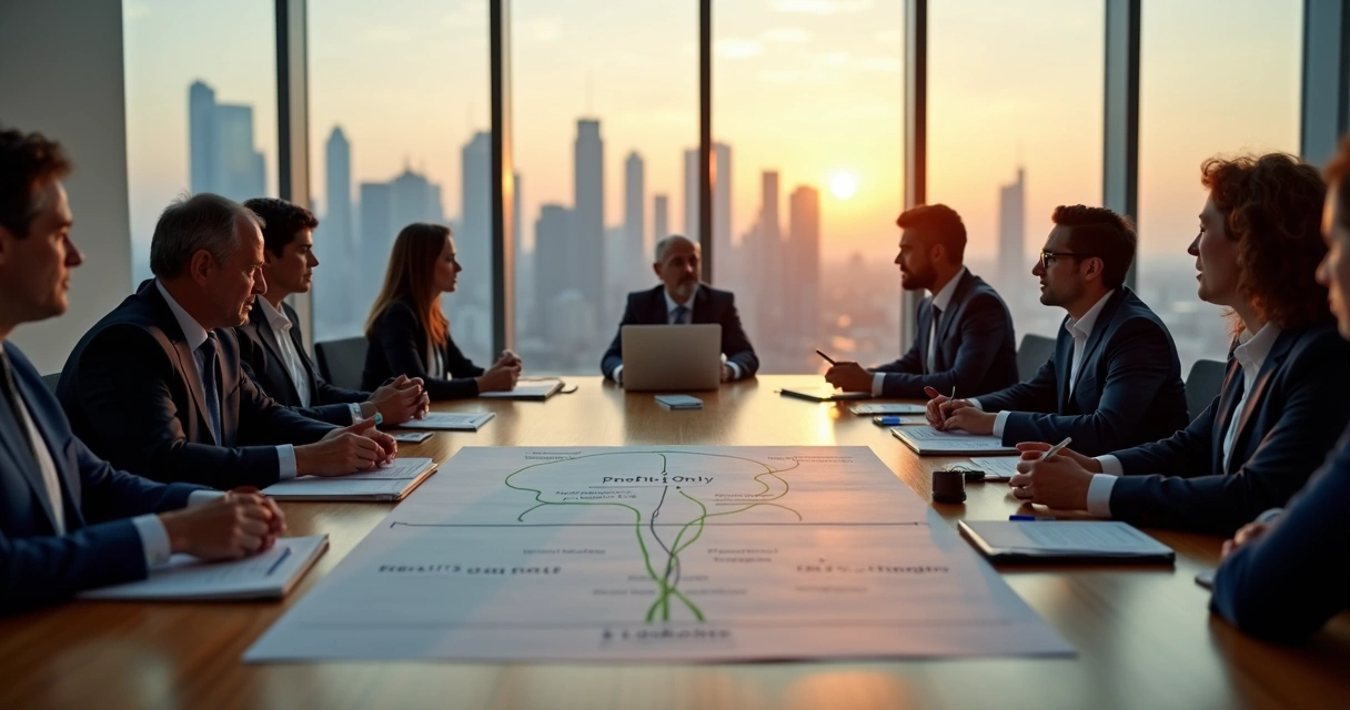 Equipo directivo en una mesa de reuniones frente a un cruce de caminos éticos 