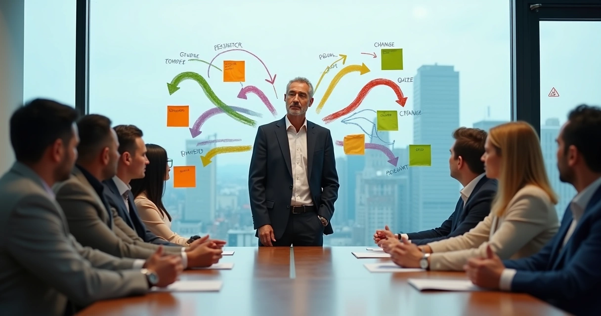 Equipo directivo dialogando frente a un panel con flechas que simbolizan el cambio en la empresa 