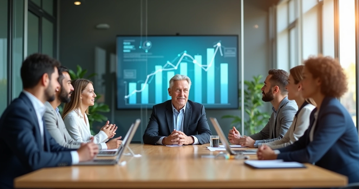 Directivos en reunión equilibrada con gráficos de empresa al fondo 