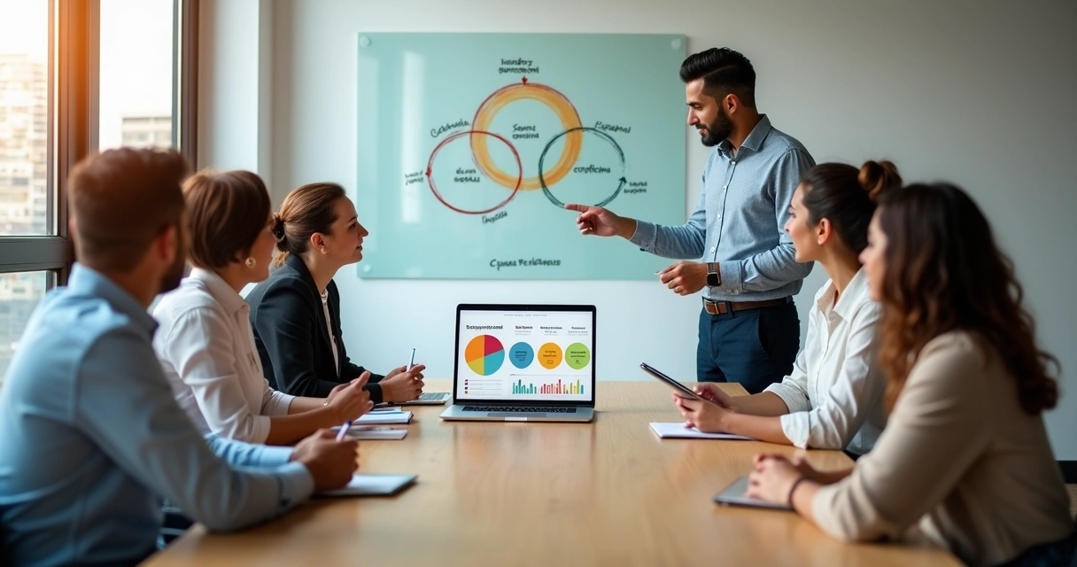 Equipo directivo analizando madurez emocional con gráficos en una sala de reuniones moderna 