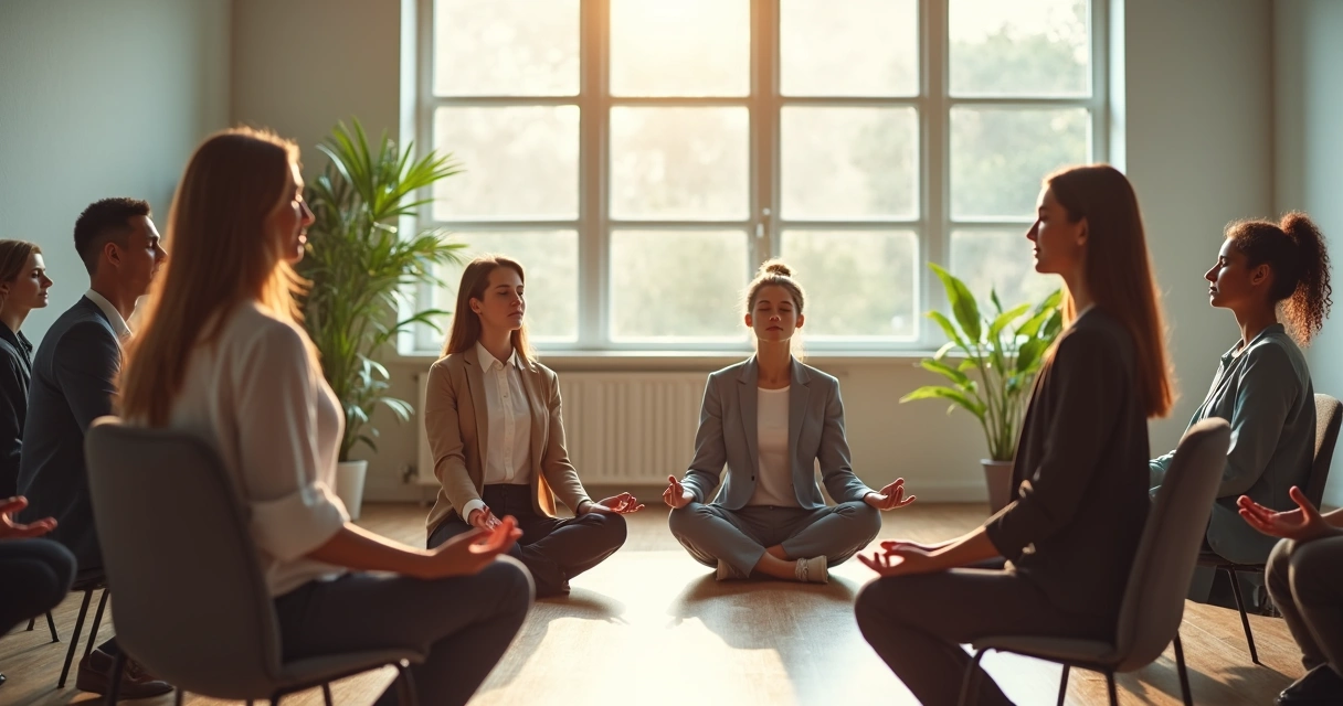 Personas en una empresa sentadas en círculo, practicando meditación guiada.