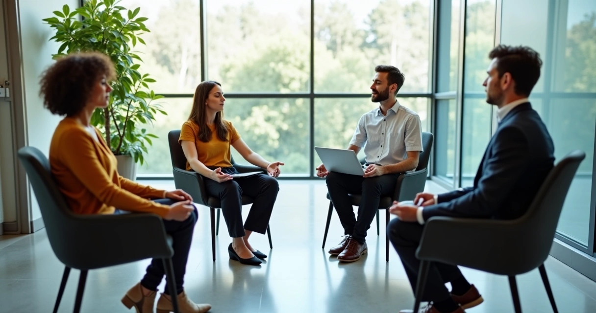 Grupo pequeño de personas meditando en una sala de reuniones 