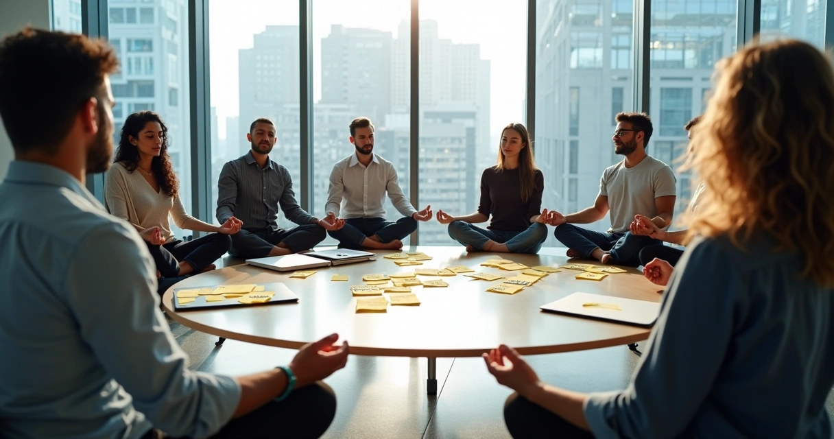 Un grupo diverso de empleados de oficina sentados en círculo meditando juntos en una sala de reuniones moderna