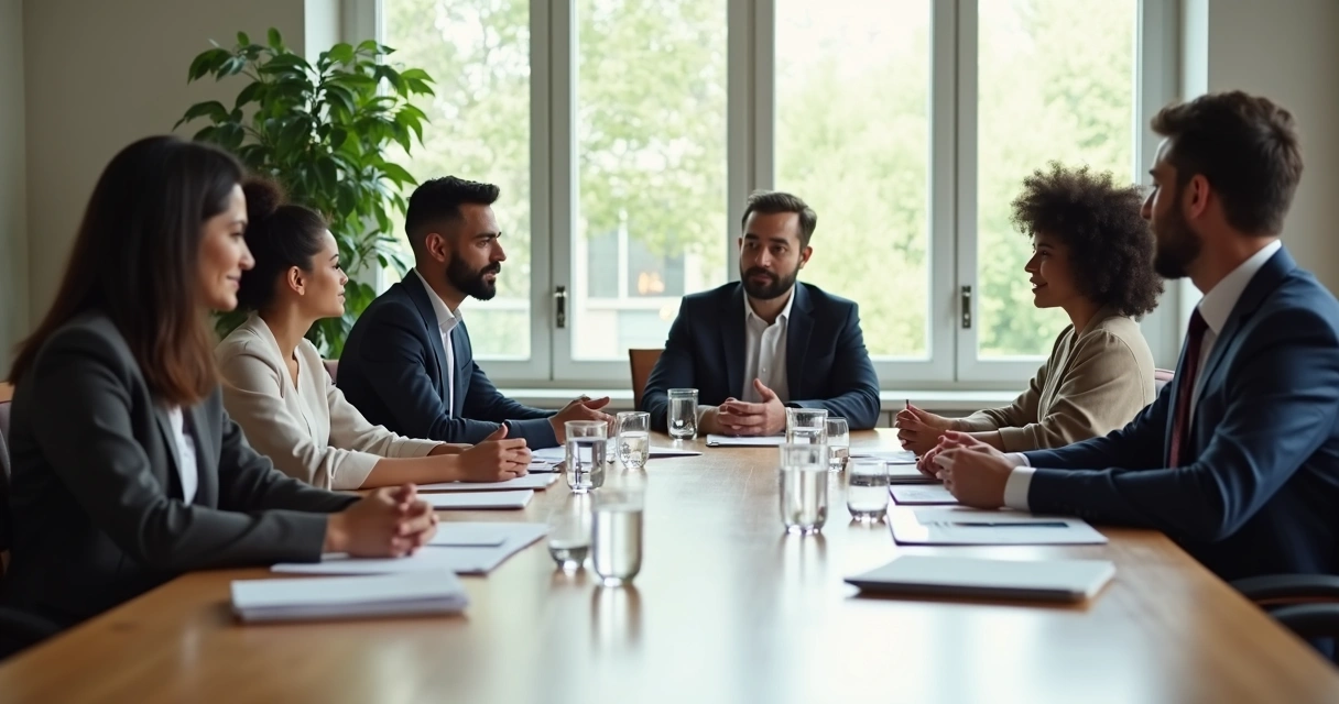 Equipo empresarial sentado alrededor de una mesa en reunión 