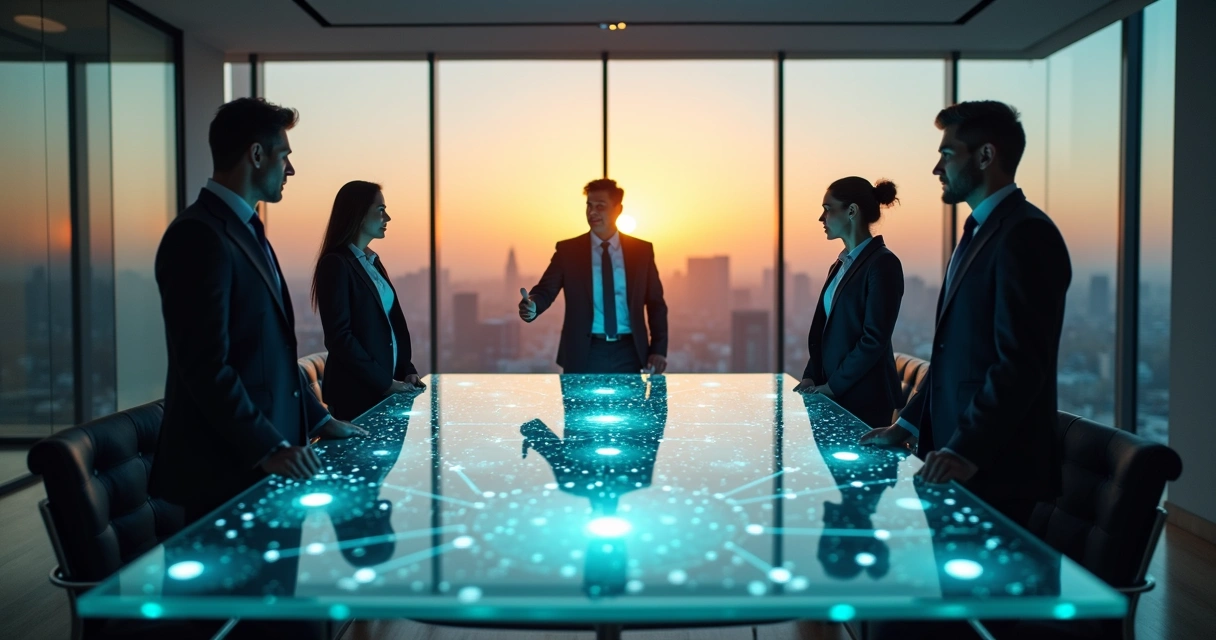 Equipo directivo observando red de conexiones organizacionales holográfica 