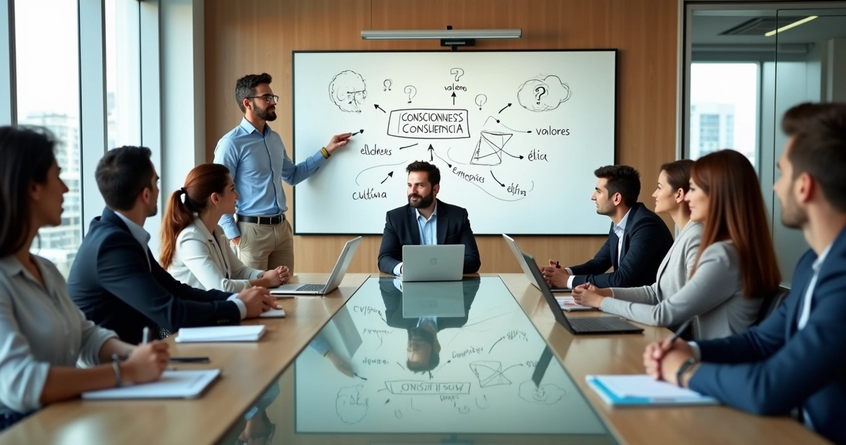 Equipo directivo reunido en sala de reuniones moderna reflexionando frente a pizarra con diagramas 