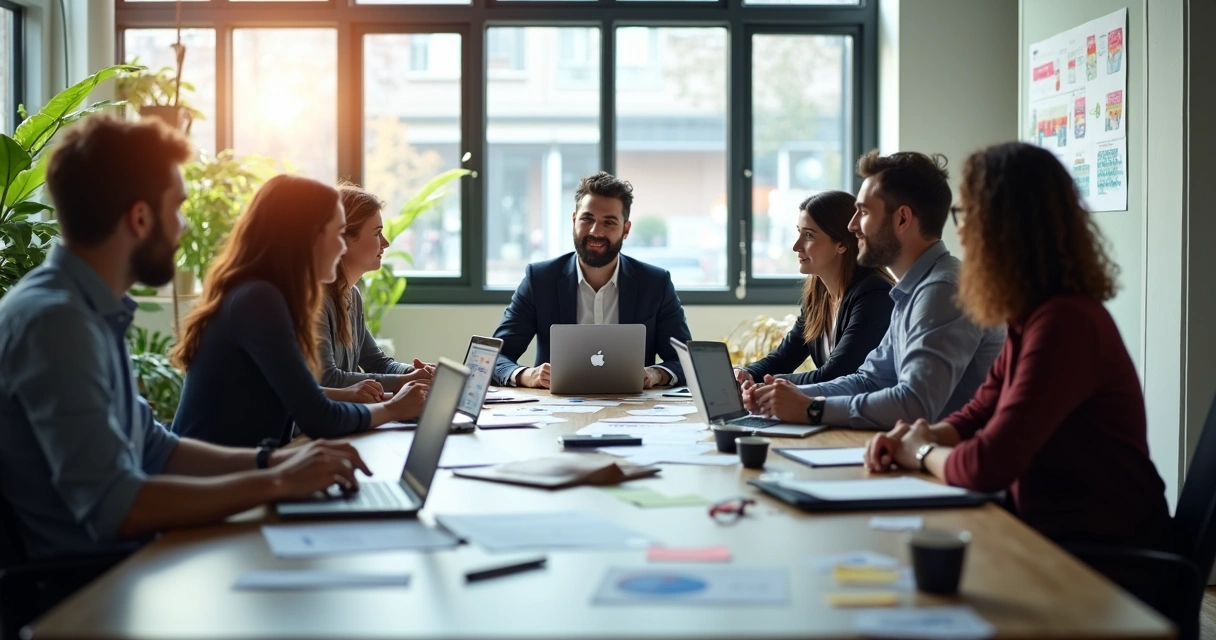 Equipo de empresa reunido en mesa discutiendo ideas y estrategias